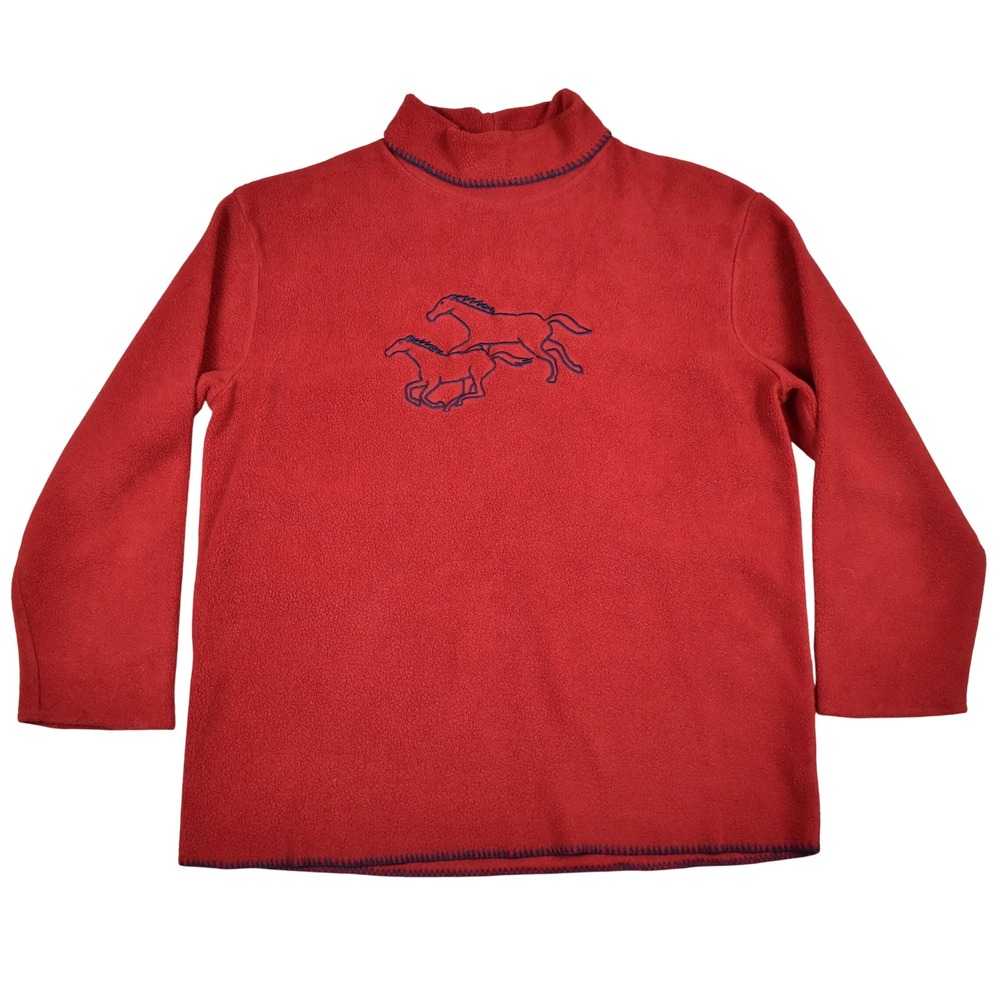 Embroidered Horse Fleece Pullover Red Womens Large Petite LP Y2K Vintage Western